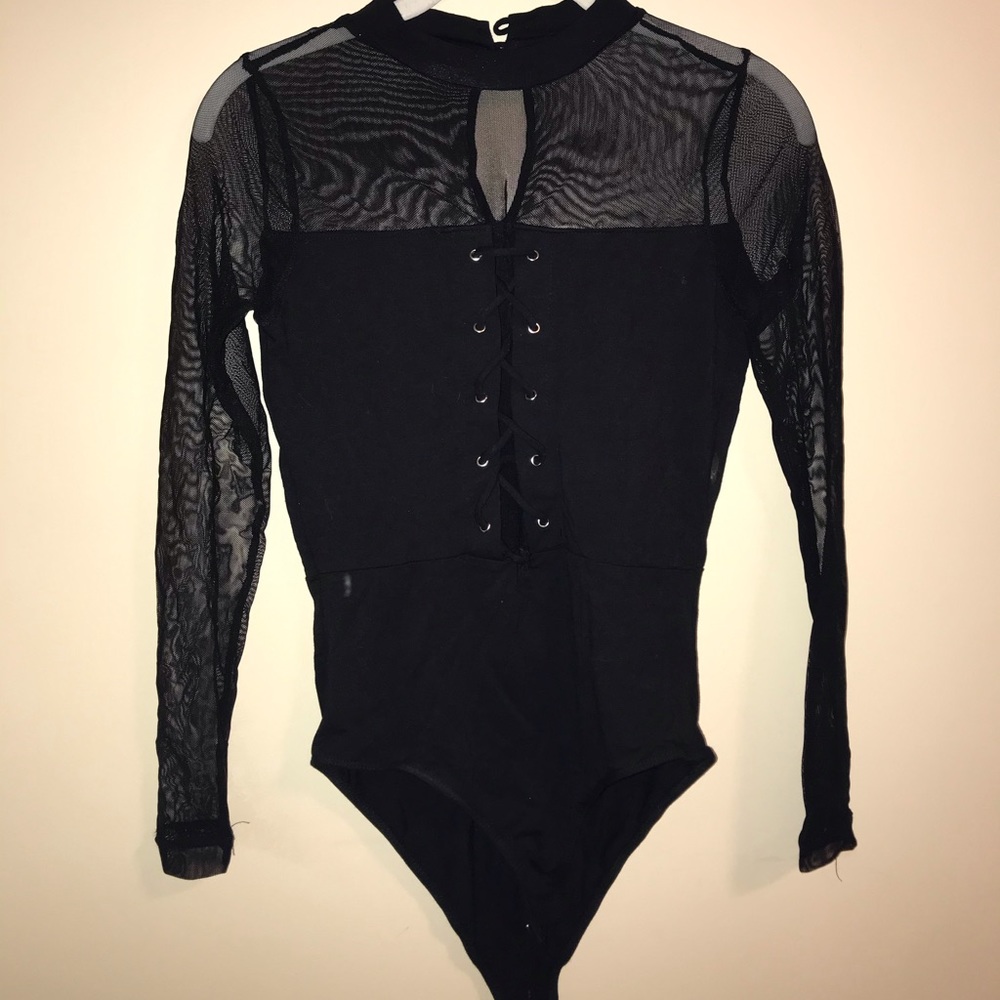 Black mesh long sleeve lace up bodysuit!